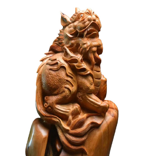 天然木 職人手彫り 木彫像「貔貅(ひきゅう)」- 大型室内装飾品