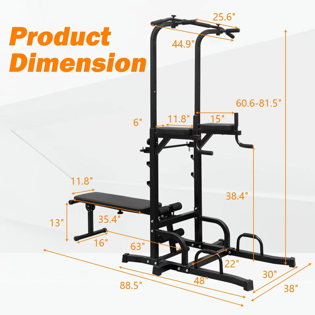 Power Tower Dip Station with Bench Pull Up Bar Stand Adjustable Height Heavy Duty Multi-Function Fitness Training Equipment for Home Office Gym,Steel