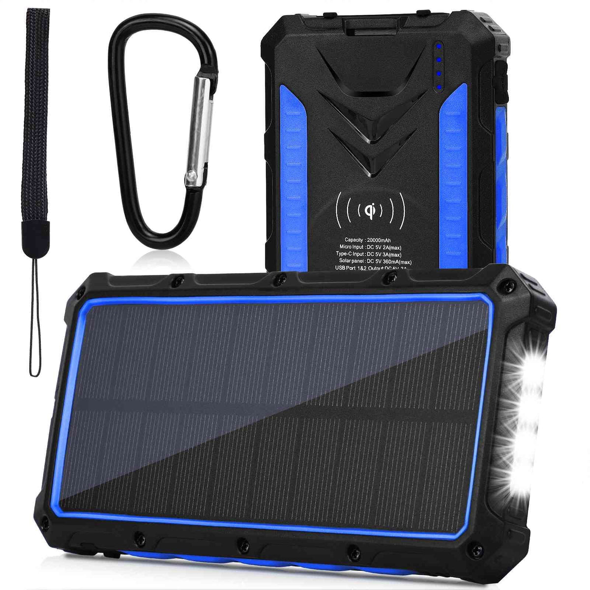 Heavy Duty Solar Power Bank, Qi Portable Charger 20,000mAh External Battery Pack Type C Input Port Four LED Flashlight, For 50 SE With Solar Panel Charging