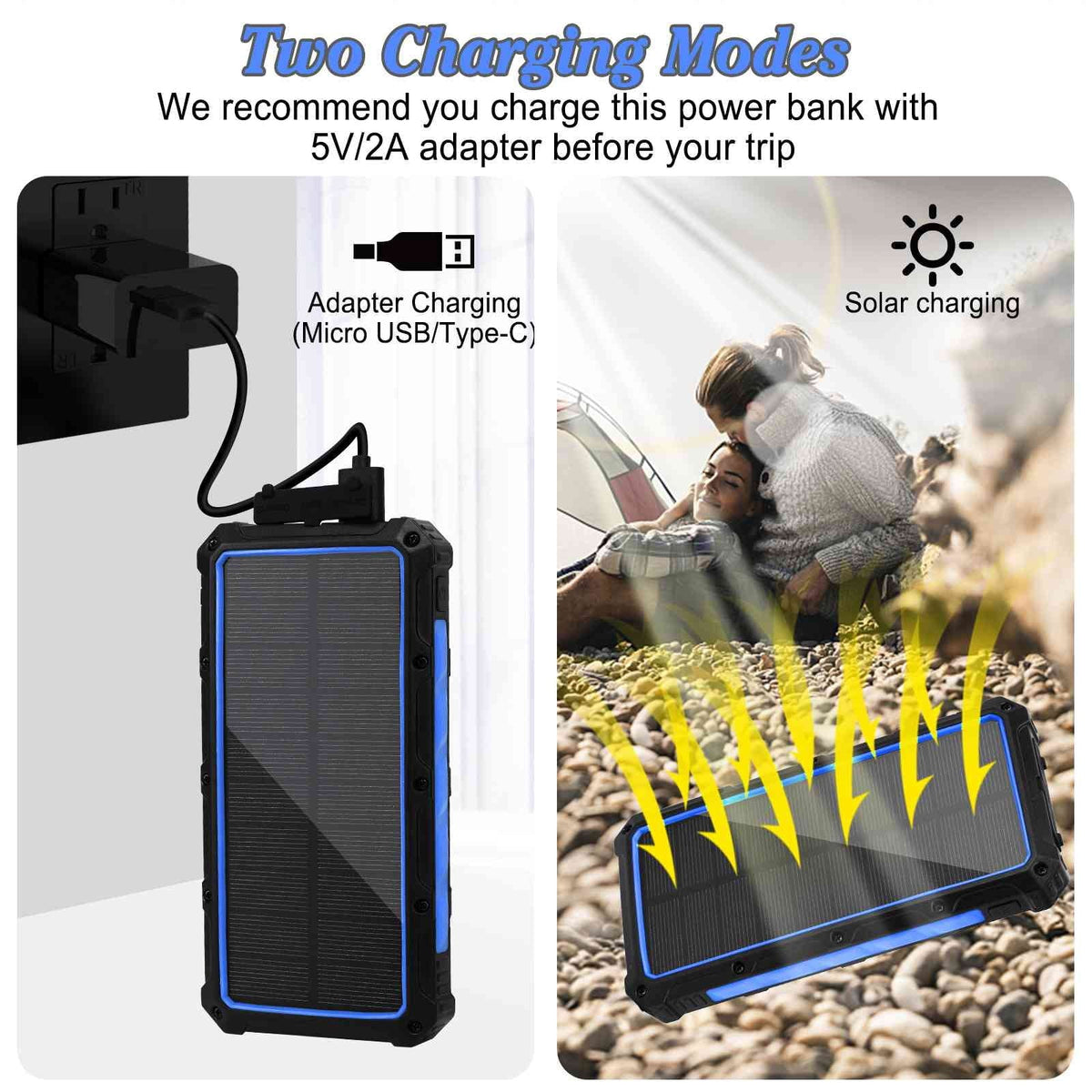 Heavy Duty Solar Power Bank, Qi Portable Charger 20,000mAh External Battery Pack Type C Input Port Four LED Flashlight, For 50 SE With Solar Panel Charging