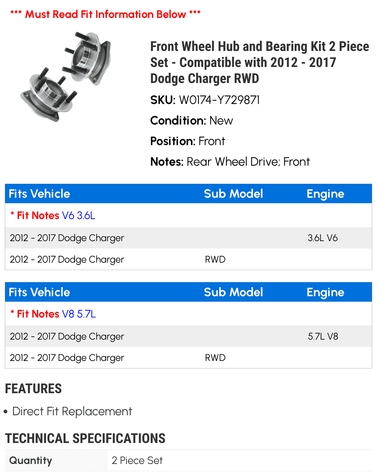 Front Wheel Hub and Bearing Kit 2 Piece Set - Compatible with 2012 - 2017 Dodge Charger RWD 2013 2014 2015 2016 2018