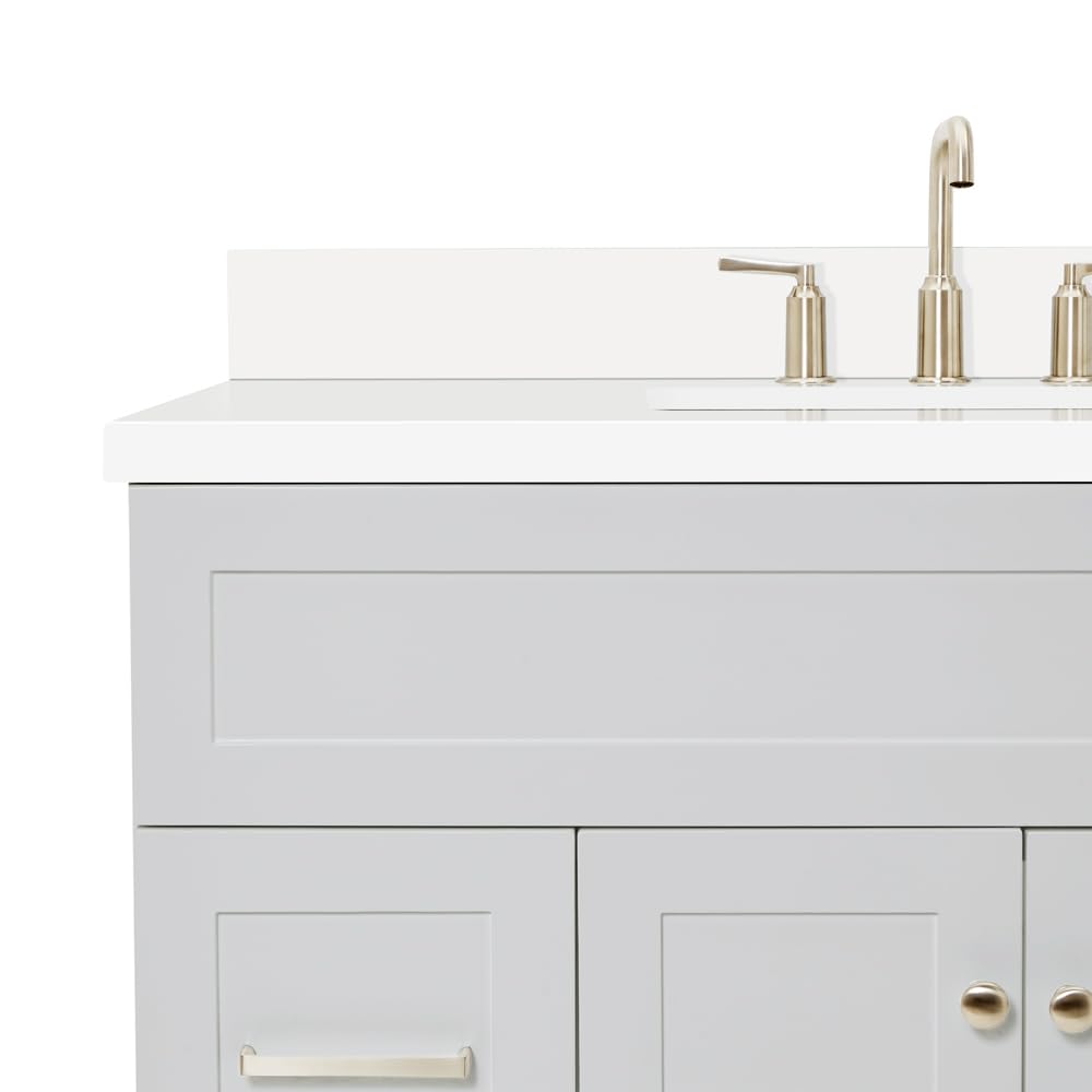 DKB Beckford 42-Inch White Bathroom Vanity with Sink, Solid Wood Base Cabinet, 1.5" White Quartz Countertop, Rectangular Sink, 2 Soft Closing Doors, 9 Drawers