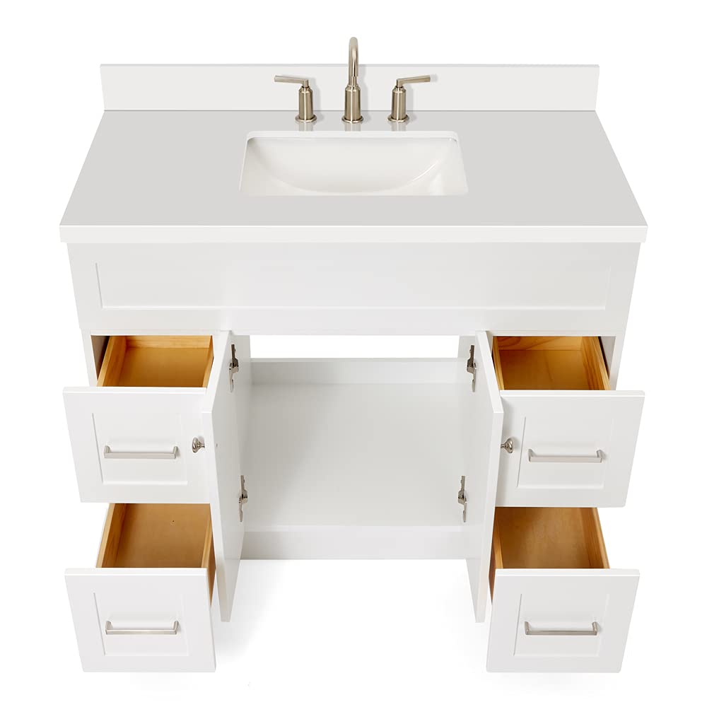 DKB Beckford 42-Inch White Bathroom Vanity with Sink, Solid Wood Base Cabinet, 1.5" White Quartz Countertop, Rectangular Sink, 2 Soft Closing Doors, 9 Drawers