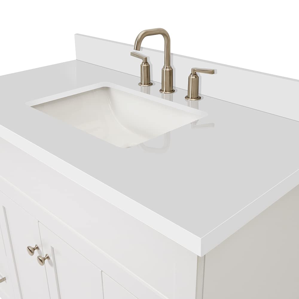 DKB Beckford 42-Inch White Bathroom Vanity with Sink, Solid Wood Base Cabinet, 1.5" White Quartz Countertop, Rectangular Sink, 2 Soft Closing Doors, 9 Drawers
