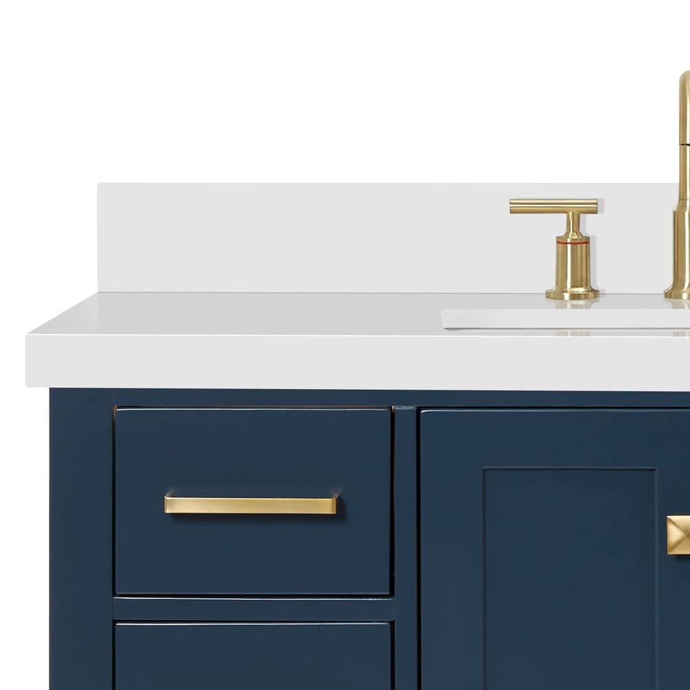 DKB Beckford 42-Inch White Bathroom Vanity with Sink, Solid Wood Base Cabinet, 1.5" White Quartz Countertop, Rectangular Sink, 2 Soft Closing Doors, 9 Drawers
