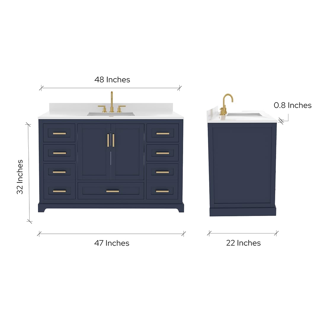 Ayna Decors Maya 72 Inch Double Vanity with Sink and Pre Drilled Faucet Holes Quartz Top in Charcoal Grey, Freestanding Bathroom Vanities with Soft Close Doors and Drawers - Brushed Gold Hardware