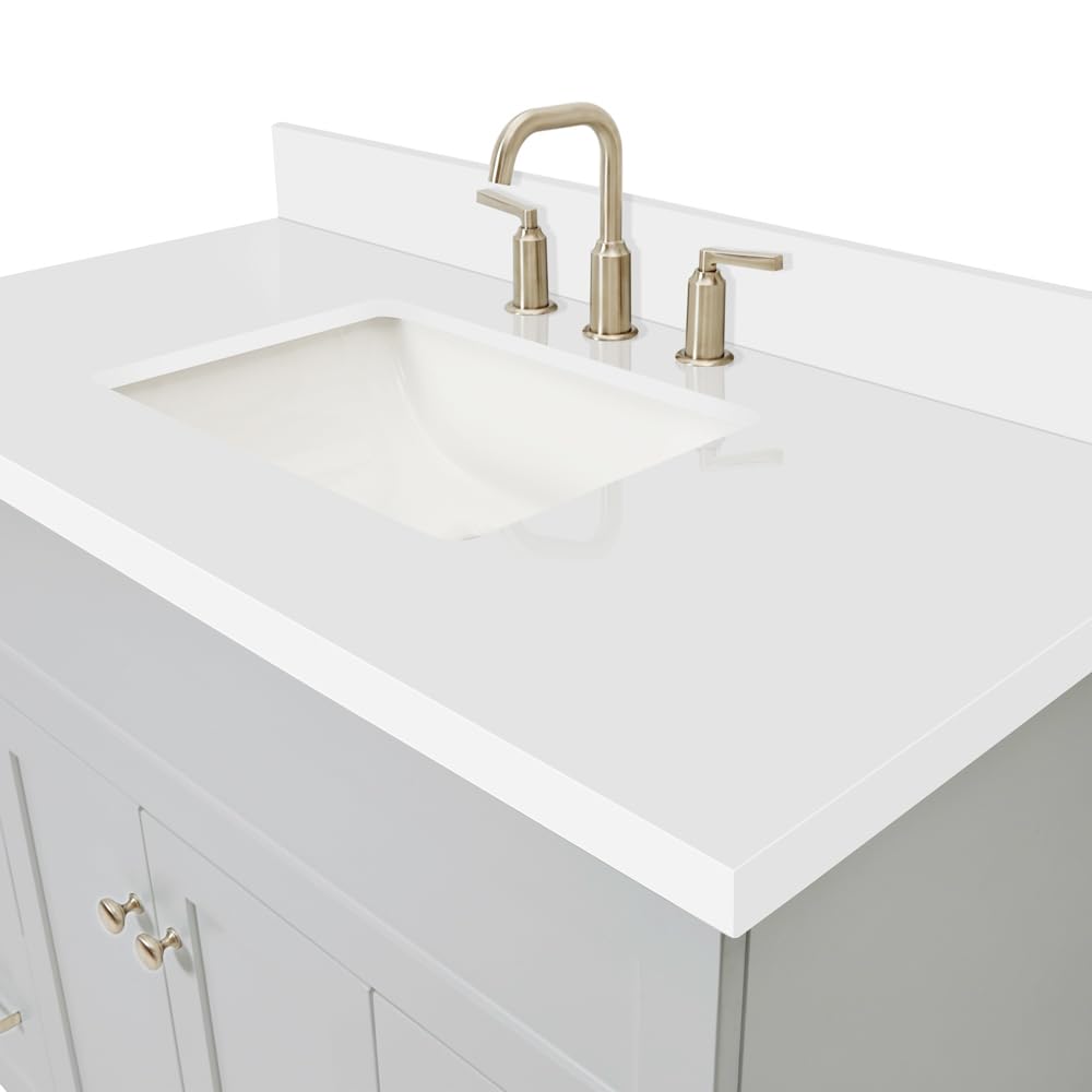 DKB Beckford 42-Inch White Bathroom Vanity with Sink, Solid Wood Base Cabinet, 1.5" White Quartz Countertop, Rectangular Sink, 2 Soft Closing Doors, 9 Drawers