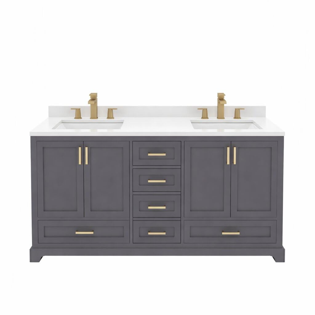Ayna Decors Maya 72 Inch Double Vanity with Sink and Pre Drilled Faucet Holes Quartz Top in Charcoal Grey, Freestanding Bathroom Vanities with Soft Close Doors and Drawers - Brushed Gold Hardware