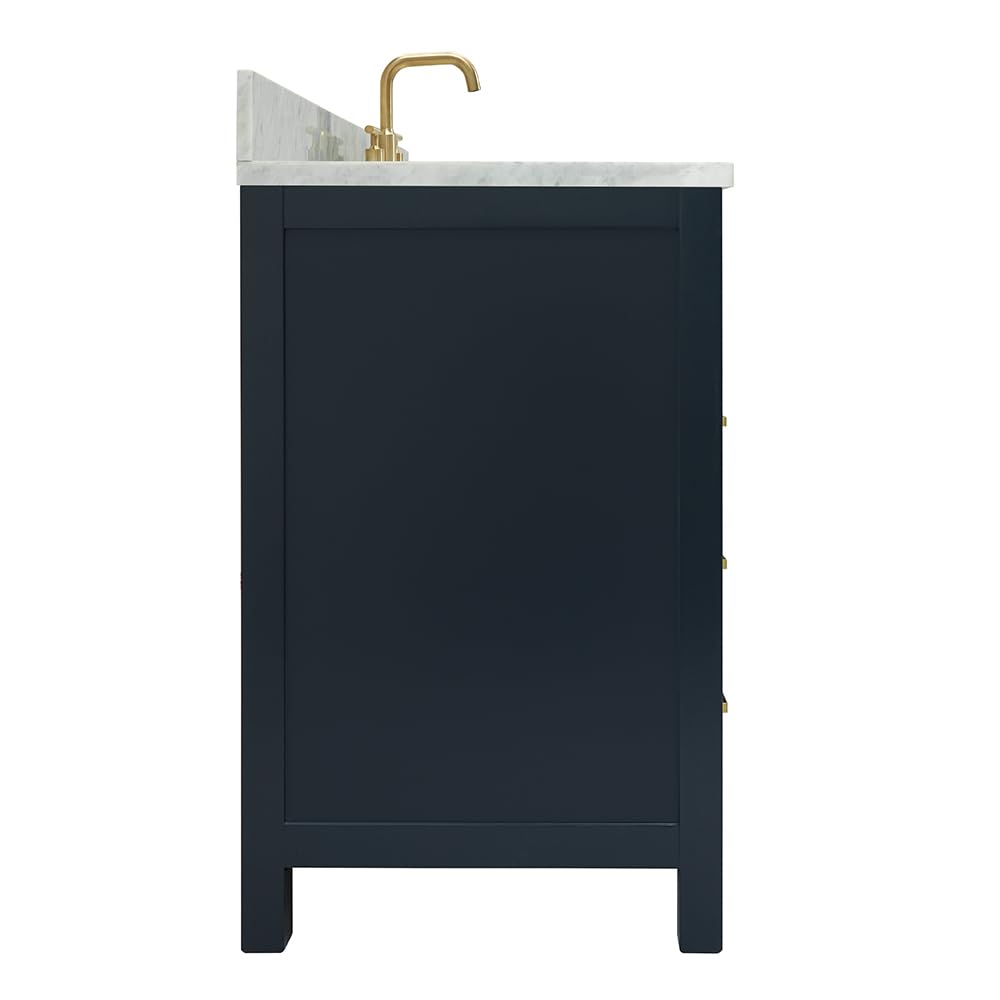 ARIEL Cambridge 66-inch Bathroom Vanity with Sink,Solid Wood, 1.5-inch Italian Carrara Marble Countertop, Single Rectangular Porcelain Sink, 2 Soft Closing Doors, 9 Dovetail Drawers, Midnight Blue