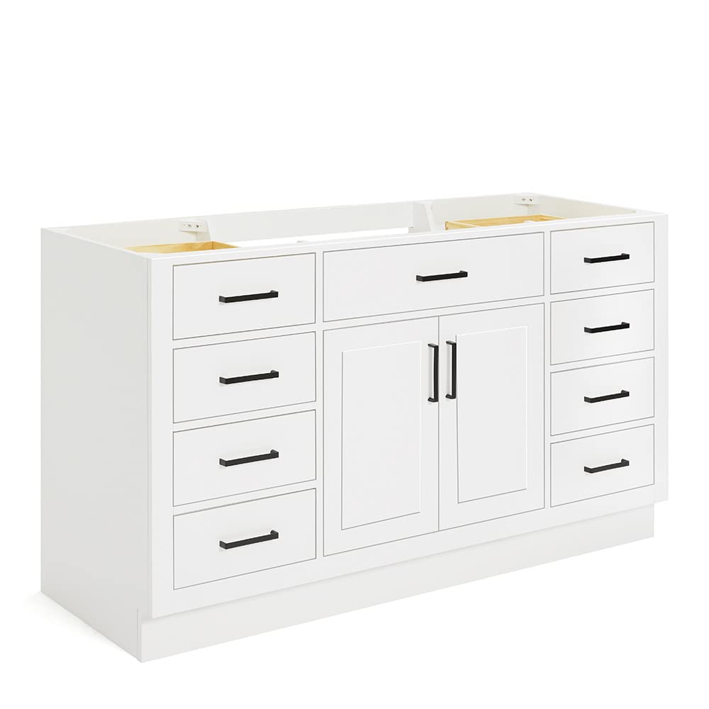 ARIEL Hepburn 60-inch Bathroom Vanity with Sink,Solid Wood, 1.5-inch Carrara White Quartz Countertop & Backsplash, Single Rectangular Porcelain Sink, 2 Soft Closing Doors, 9 Dovetail Drawers, Black