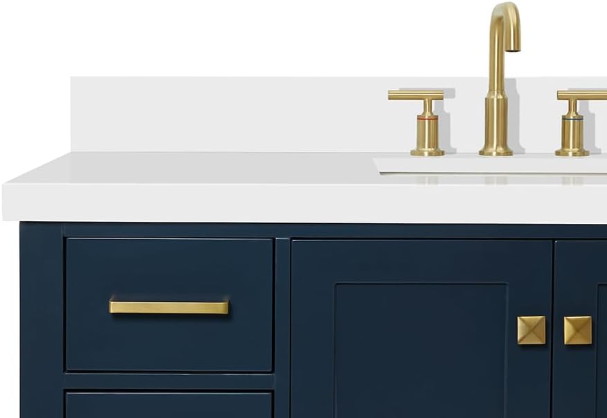 ARIEL Cambridge 48-inch Bathroom Vanity with Sink,Solid Wood, 1.5-inch Pure White Quartz Countertop, Single Rectangular Porcelain Sink, 2 Soft Closing Doors, 9 Dovetail Drawers, Midnight Blue