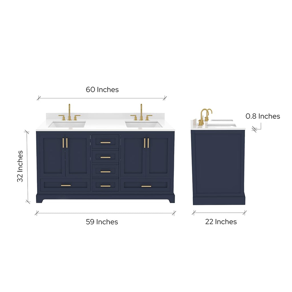 Ayna Decors Maya 72 Inch Double Vanity with Sink and Pre Drilled Faucet Holes Quartz Top in Charcoal Grey, Freestanding Bathroom Vanities with Soft Close Doors and Drawers - Brushed Gold Hardware