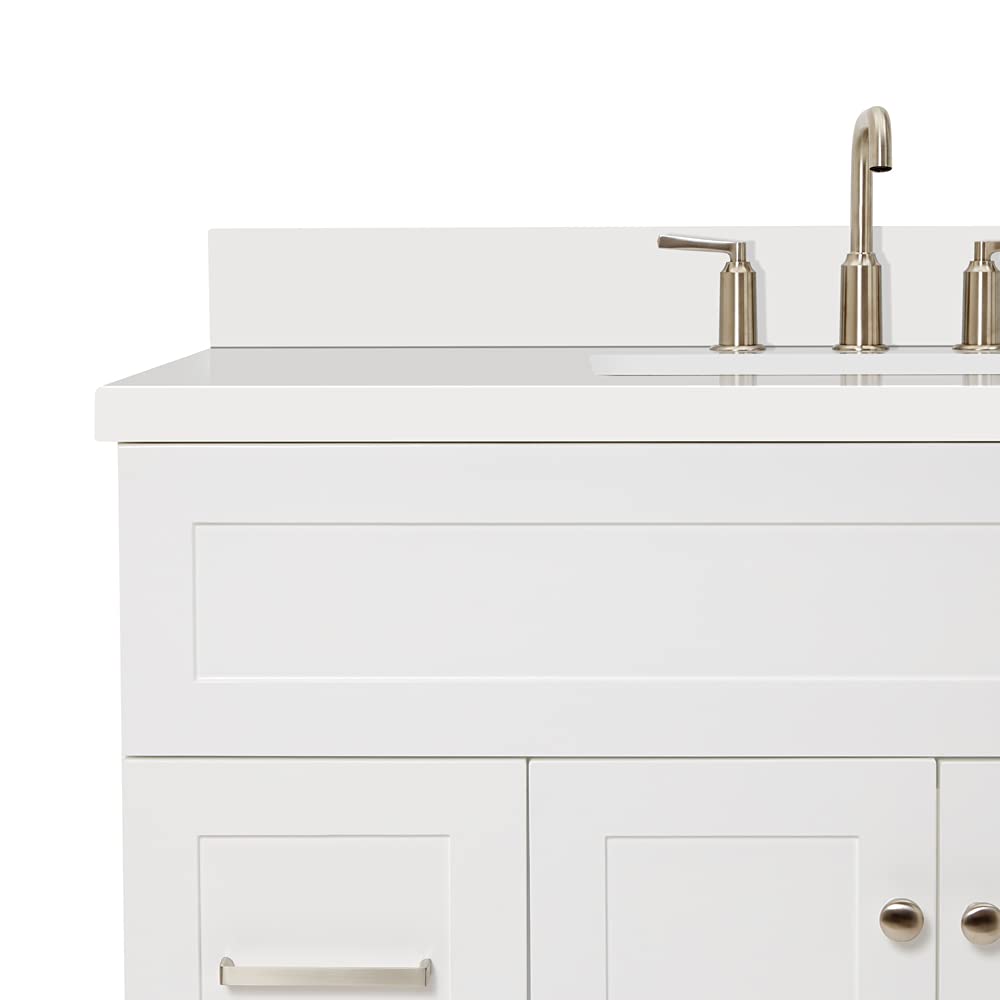 DKB Beckford 42-Inch White Bathroom Vanity with Sink, Solid Wood Base Cabinet, 1.5" White Quartz Countertop, Rectangular Sink, 2 Soft Closing Doors, 9 Drawers
