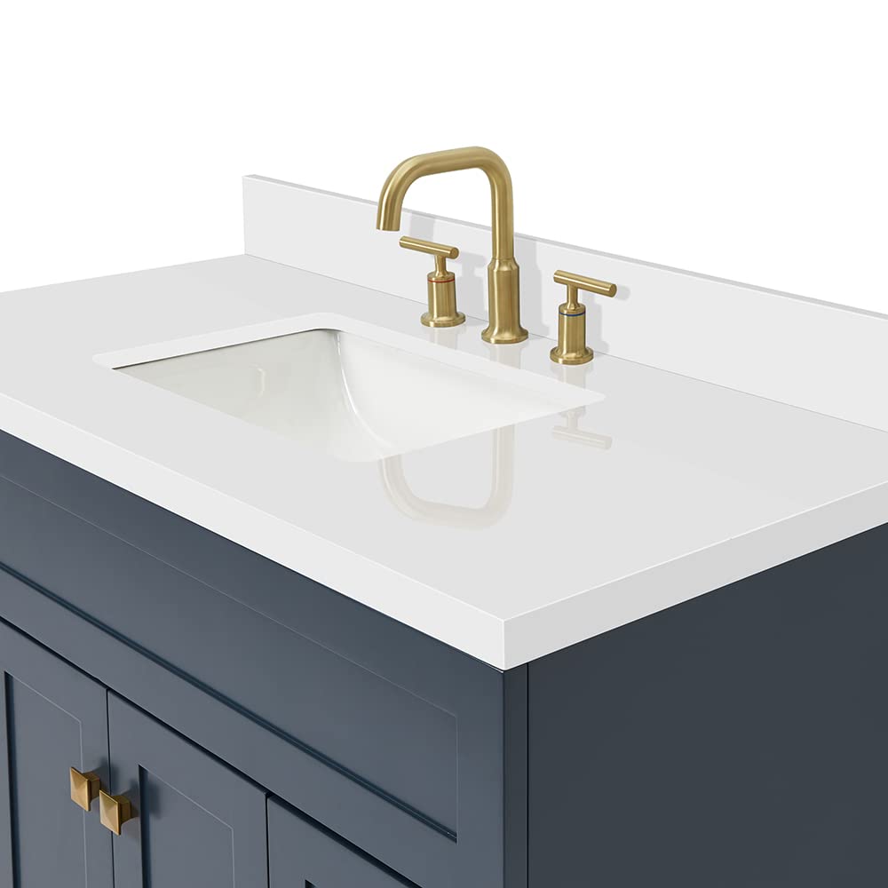 DKB Beckford 42-Inch White Bathroom Vanity with Sink, Solid Wood Base Cabinet, 1.5" White Quartz Countertop, Rectangular Sink, 2 Soft Closing Doors, 9 Drawers