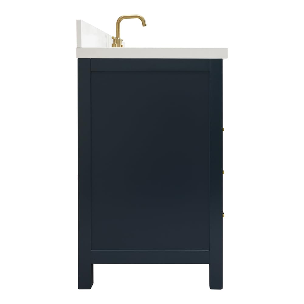ARIEL Cambridge 66-inch Bathroom Vanity with Sink,Solid Wood, 1.5-inch Italian Carrara Marble Countertop, Single Rectangular Porcelain Sink, 2 Soft Closing Doors, 9 Dovetail Drawers, Midnight Blue
