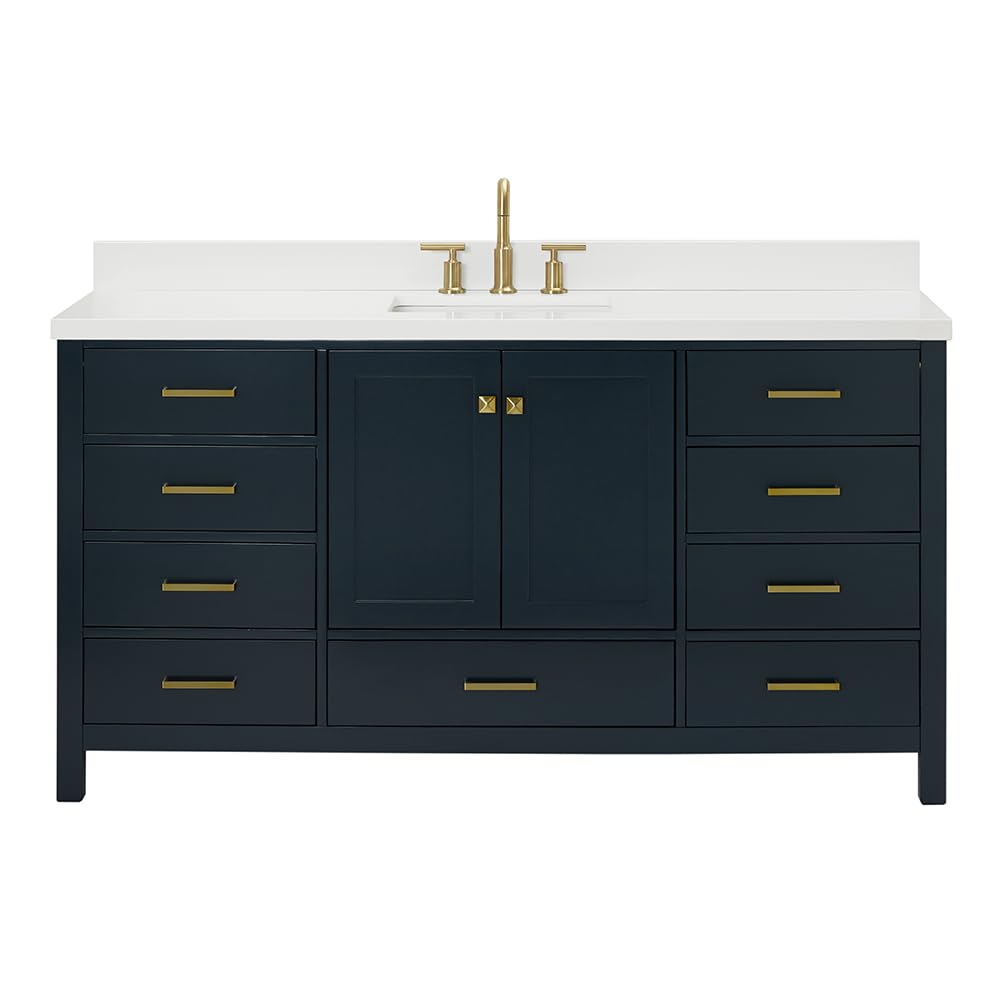 ARIEL Cambridge 66-inch Bathroom Vanity with Sink,Solid Wood, 1.5-inch Italian Carrara Marble Countertop, Single Rectangular Porcelain Sink, 2 Soft Closing Doors, 9 Dovetail Drawers, Midnight Blue