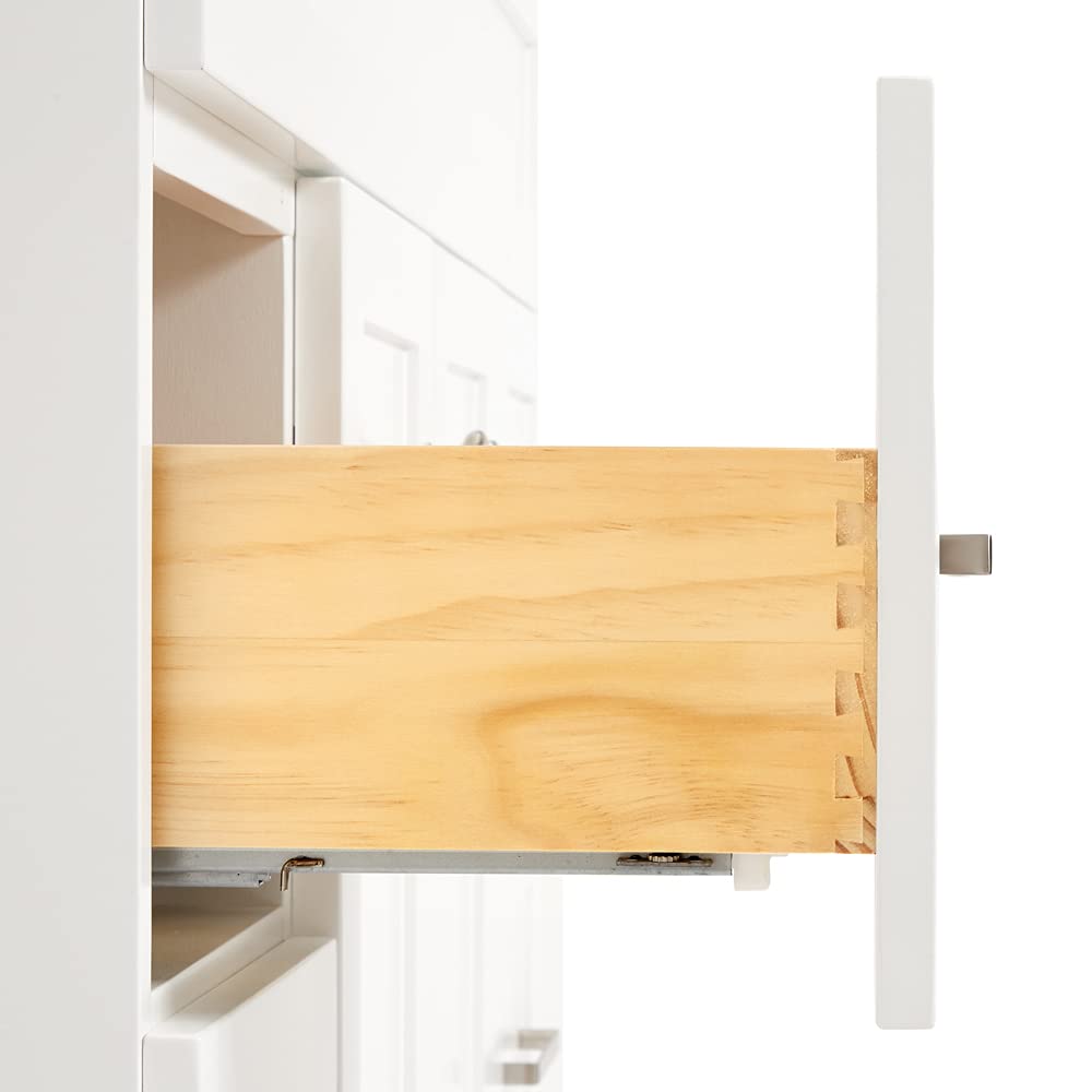 DKB Beckford 42-Inch White Bathroom Vanity with Sink, Solid Wood Base Cabinet, 1.5" White Quartz Countertop, Rectangular Sink, 2 Soft Closing Doors, 9 Drawers