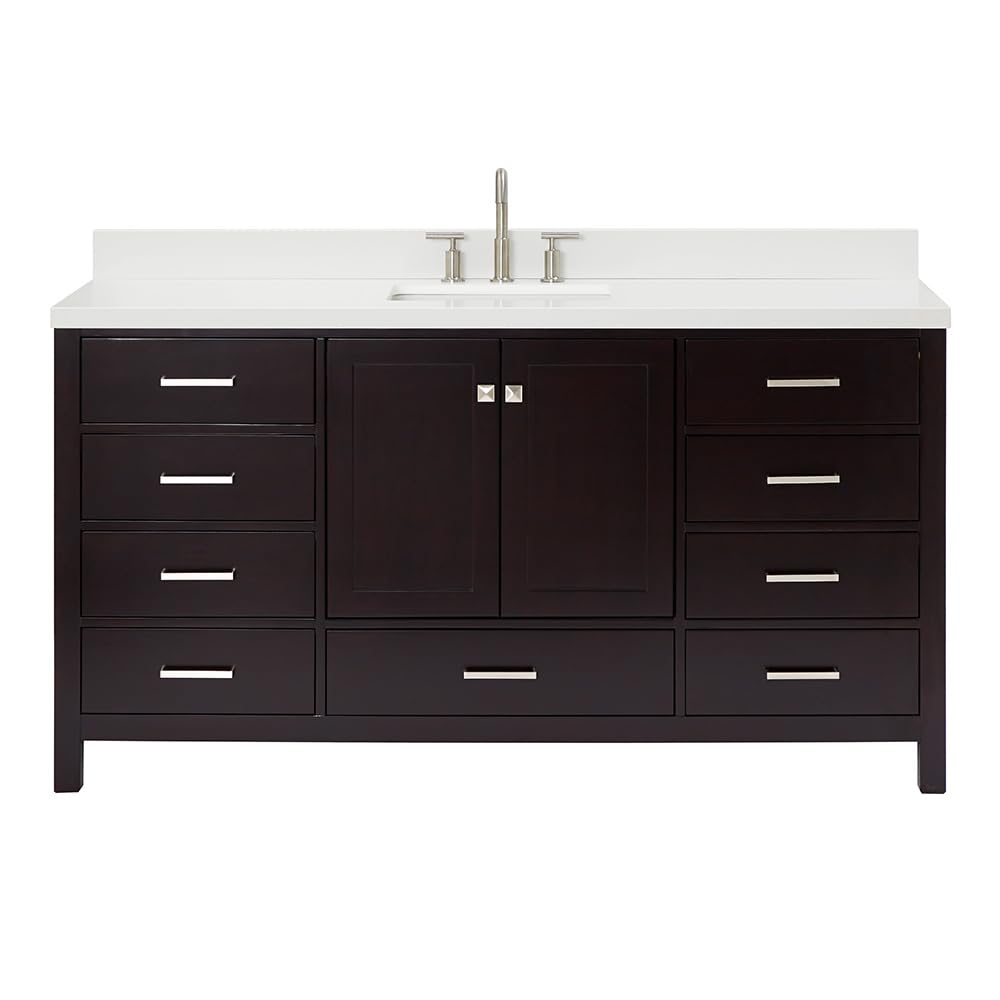 ARIEL Cambridge 66-inch Bathroom Vanity with Sink,Solid Wood, 1.5-inch Italian Carrara Marble Countertop, Single Rectangular Porcelain Sink, 2 Soft Closing Doors, 9 Dovetail Drawers, Midnight Blue