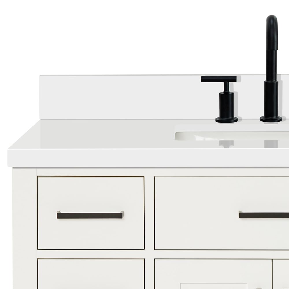DKB Beckford 42-Inch White Bathroom Vanity with Sink, Solid Wood Base Cabinet, 1.5" White Quartz Countertop, Rectangular Sink, 2 Soft Closing Doors, 9 Drawers
