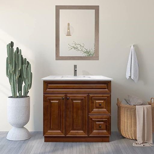 36" Maple Walnut Bathroom Vanity Base â Ready-to-Assemble Sink Cabinet with Drawers, Shaker Style Storage, Base Only, No Top or Sink