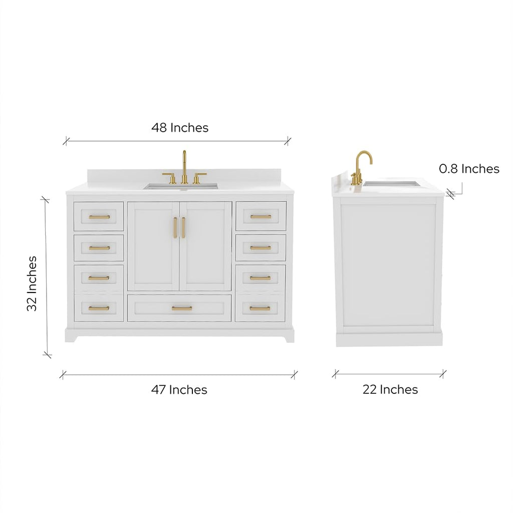 Ayna Decors Maya 72 Inch Double Vanity with Sink and Pre Drilled Faucet Holes Quartz Top in Charcoal Grey, Freestanding Bathroom Vanities with Soft Close Doors and Drawers - Brushed Gold Hardware