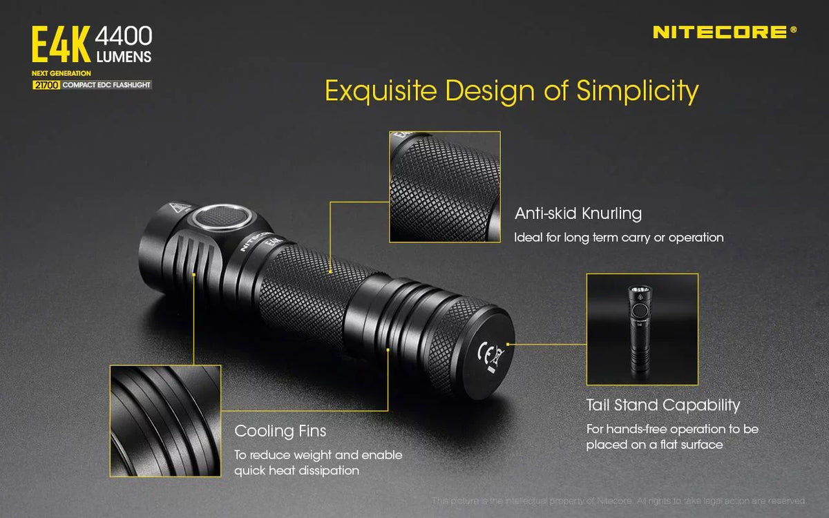 Combo: NITECORE E4K Next generation Flashlight - 4400 Lumens w/Tini Brass Keychain Light -380 Lumens
