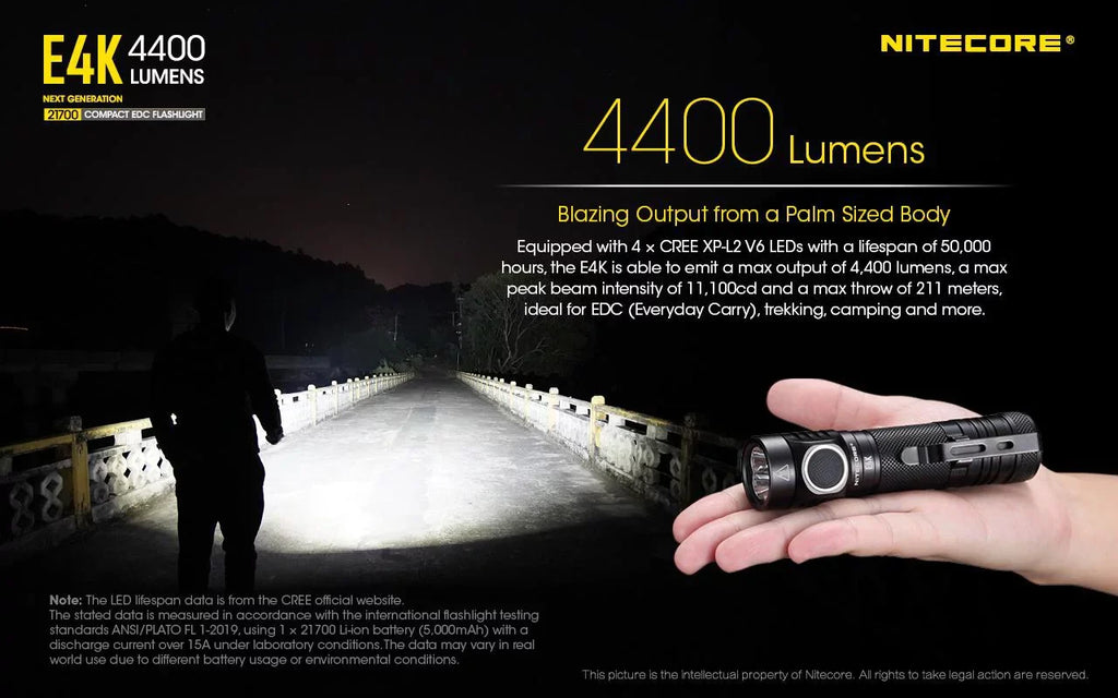 Combo: NITECORE E4K Next generation Flashlight - 4400 Lumens w/Tini Brass Keychain Light -380 Lumens