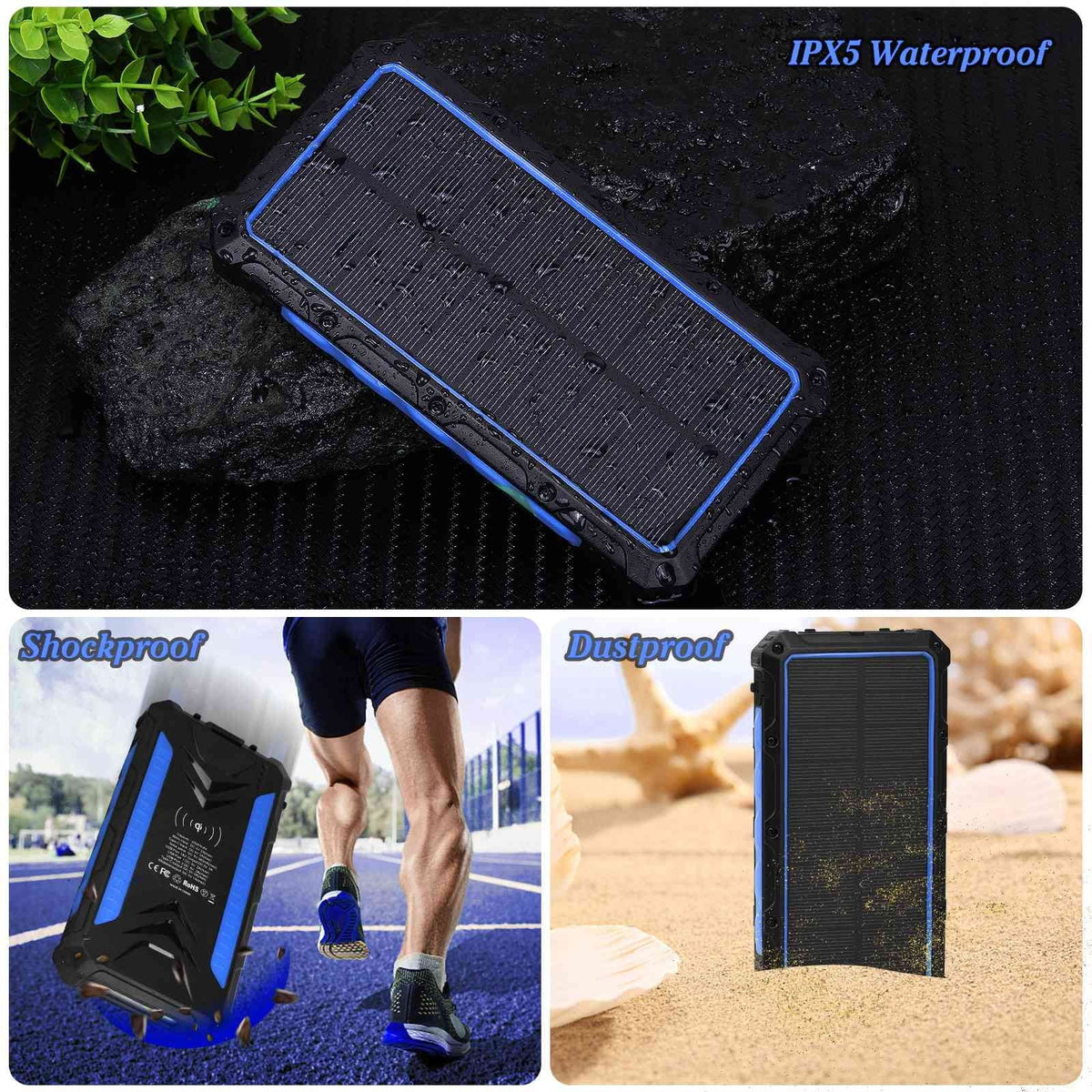 Heavy Duty Solar Power Bank, Qi Portable Charger 20,000mAh External Battery Pack Type C Input Port Four LED Flashlight, For 50 SE With Solar Panel Charging