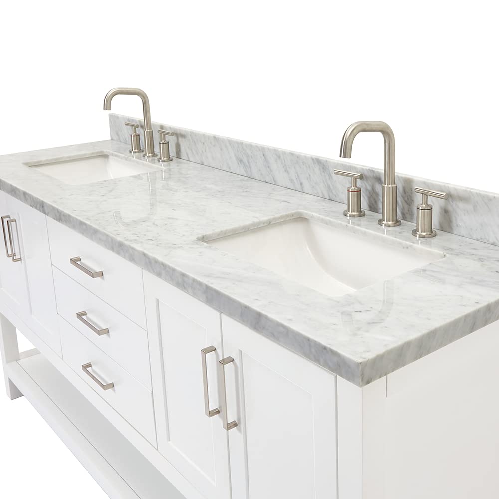 DKB Isabella 72" Oak Double Bathroom Vanity with Sink, 1.5" Carrara White Marble Countertop, Rectangle Undermount Sinks, 4 Soft Closing Doors, 6 Dovetail Drawers