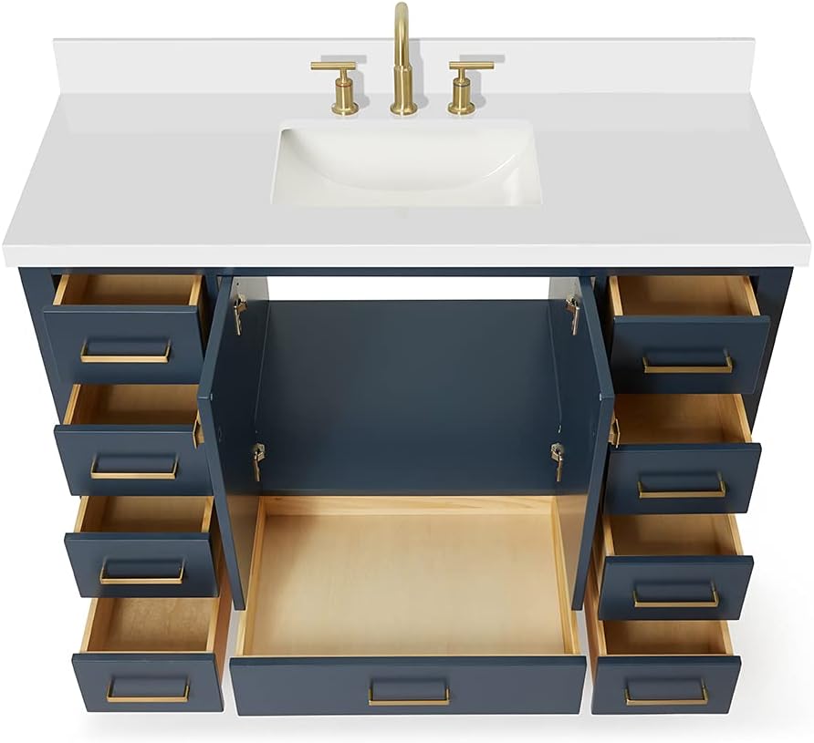 ARIEL Cambridge 48-inch Bathroom Vanity with Sink,Solid Wood, 1.5-inch Pure White Quartz Countertop, Single Rectangular Porcelain Sink, 2 Soft Closing Doors, 9 Dovetail Drawers, Midnight Blue