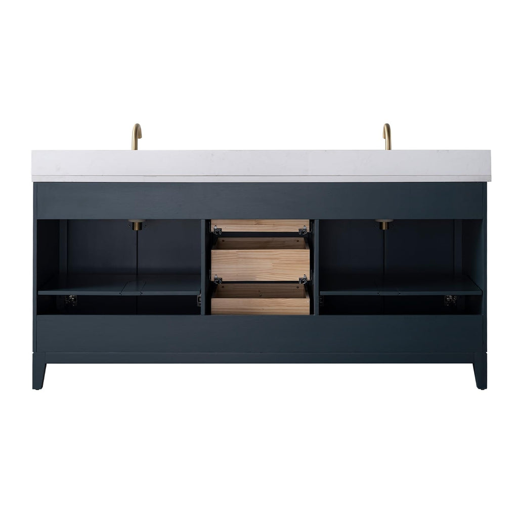 Vanity Art 72" Bathroom Vanity with Double Sink & Arabescato White Engineered Stone Top, Vanity Cabinet with Soft Closing Door, Solid Wood Frame, Golden Brushed Handles, Walnut VA8172D-Walnut-GB