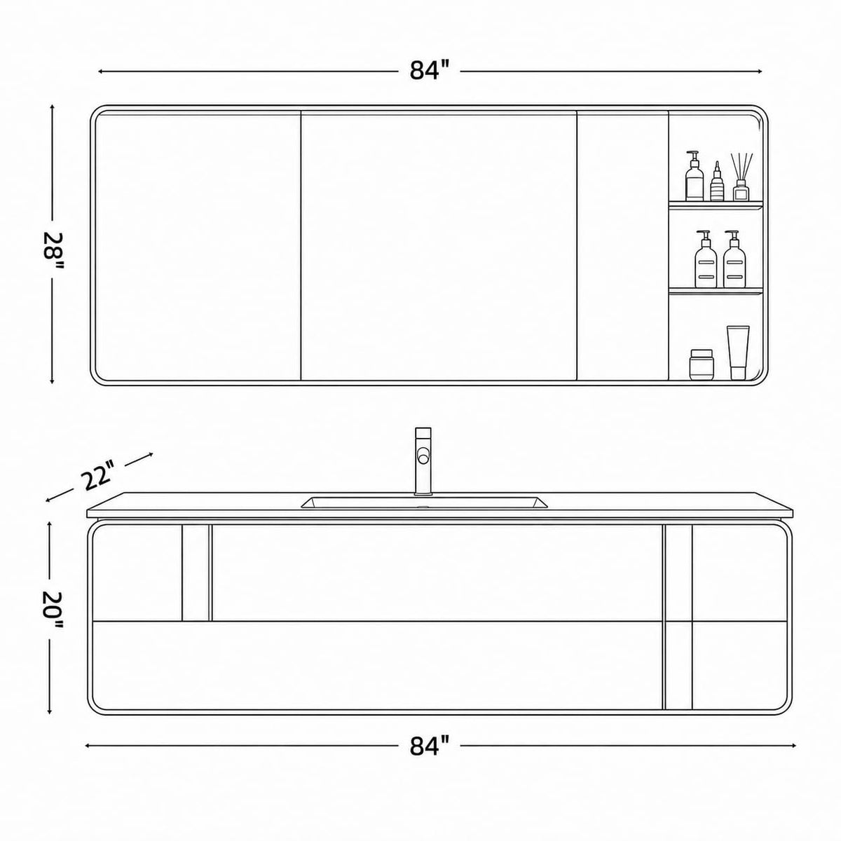 68 IN Floating Single Sink Bathroom Vanity Set with LED Mirror Cabinet