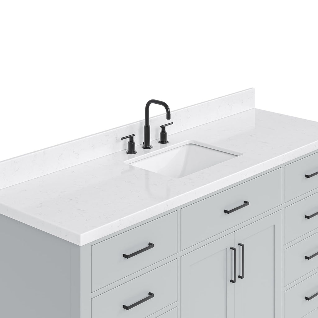 ARIEL Hepburn 66-inch Bathroom Vanity with Sink,Solid Wood, 1.5-inch Pure White Quartz Countertop & Backsplash, Single Rectangular Porcelain Sink, 2 Soft Closing Doors, 9 Dovetail Drawers, White
