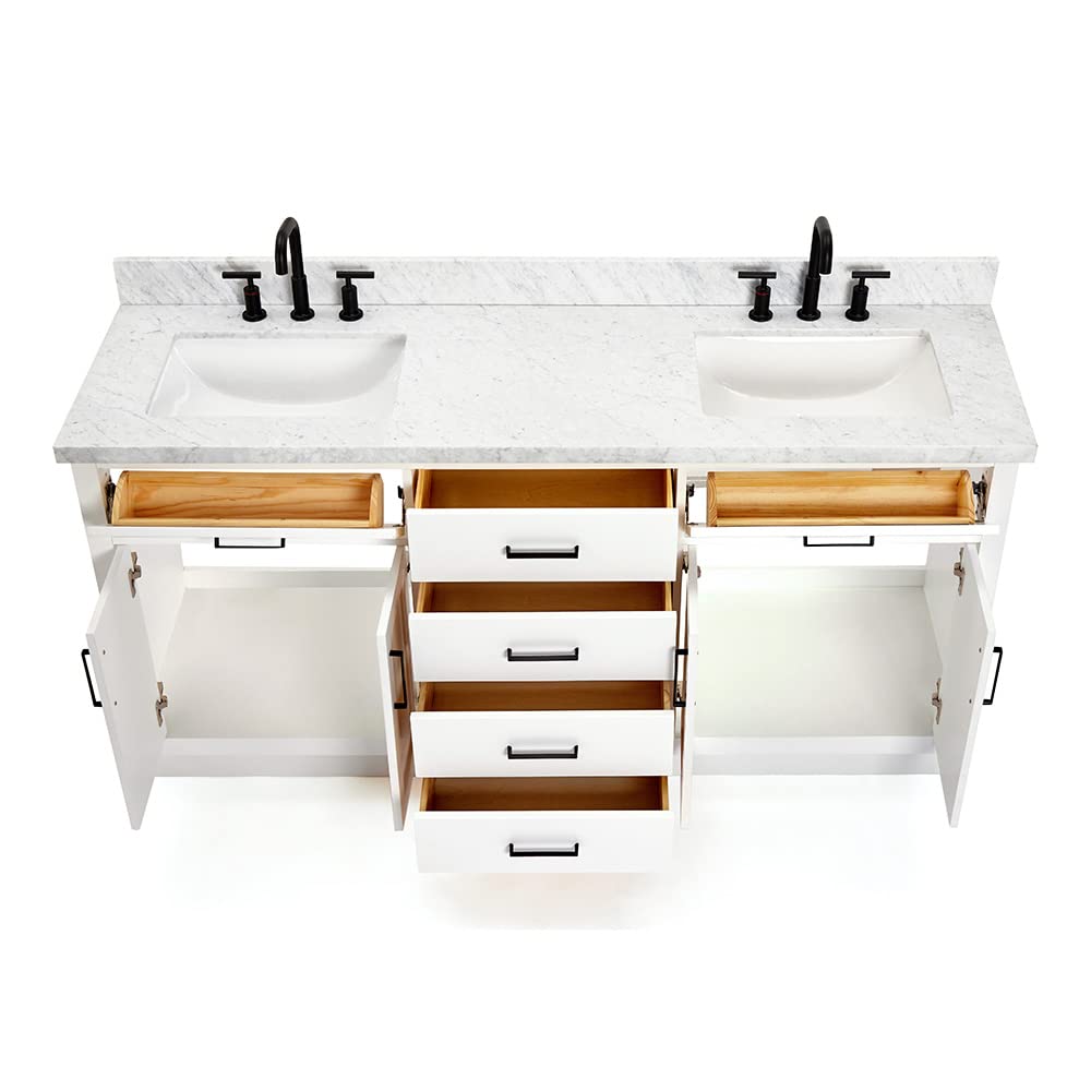 DKB Isabella 72" Oak Double Bathroom Vanity with Sink, 1.5" Carrara White Marble Countertop, Rectangle Undermount Sinks, 4 Soft Closing Doors, 6 Dovetail Drawers