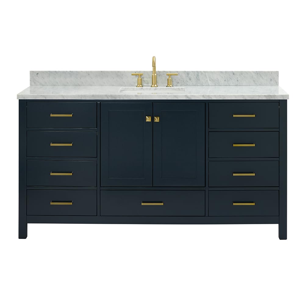 ARIEL Cambridge 66-inch Bathroom Vanity with Sink,Solid Wood, 1.5-inch Italian Carrara Marble Countertop, Single Rectangular Porcelain Sink, 2 Soft Closing Doors, 9 Dovetail Drawers, Midnight Blue