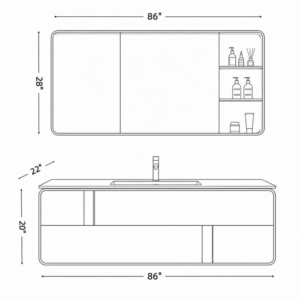 52 in Floating Single Sink Bathroom Vanity with LED Mirror