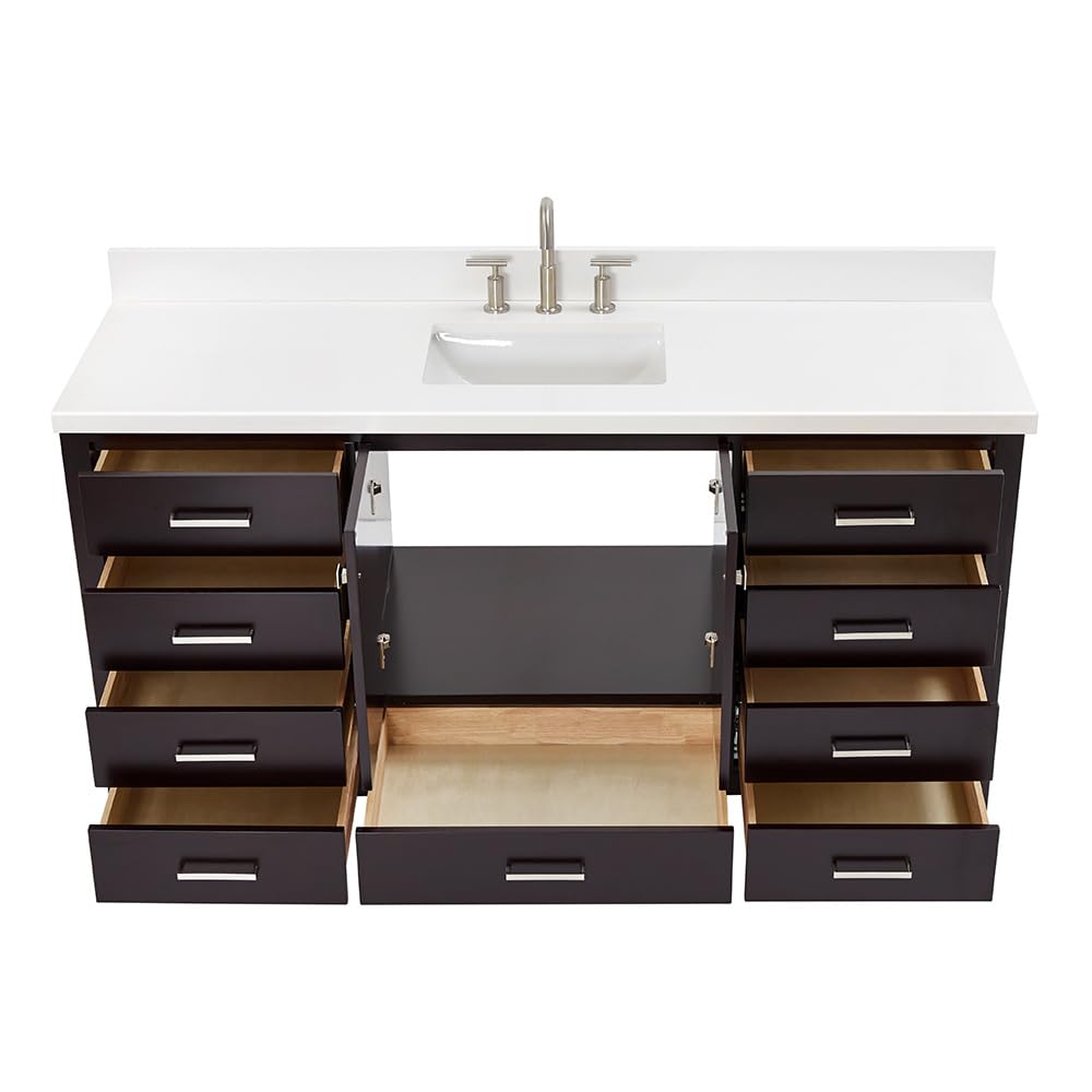 ARIEL Cambridge 66-inch Bathroom Vanity with Sink,Solid Wood, 1.5-inch Italian Carrara Marble Countertop, Single Rectangular Porcelain Sink, 2 Soft Closing Doors, 9 Dovetail Drawers, Midnight Blue