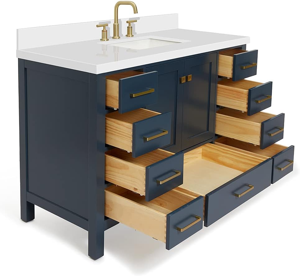 ARIEL Cambridge 48-inch Bathroom Vanity with Sink,Solid Wood, 1.5-inch Pure White Quartz Countertop, Single Rectangular Porcelain Sink, 2 Soft Closing Doors, 9 Dovetail Drawers, Midnight Blue