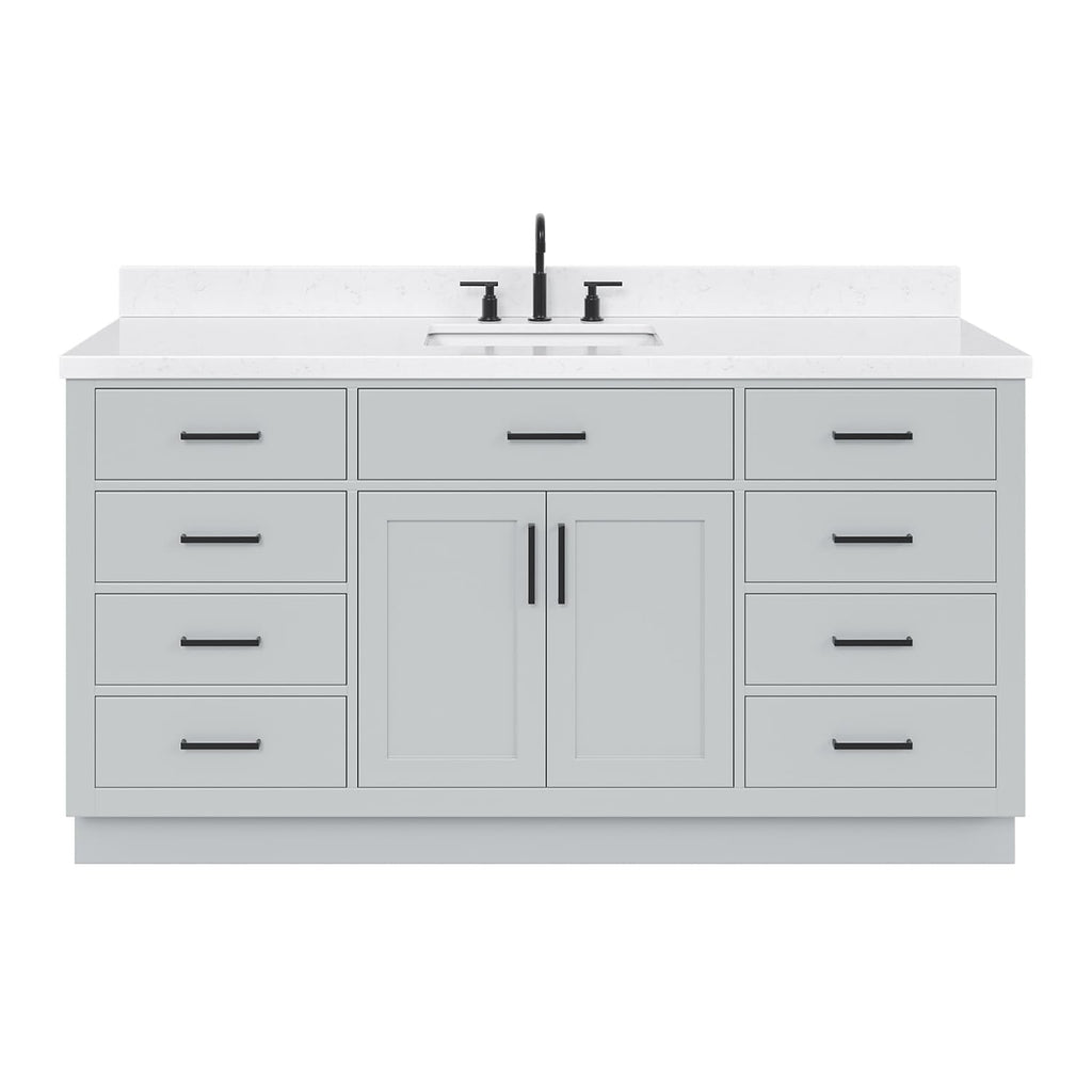 ARIEL Hepburn 66-inch Bathroom Vanity with Sink,Solid Wood, 1.5-inch Pure White Quartz Countertop & Backsplash, Single Rectangular Porcelain Sink, 2 Soft Closing Doors, 9 Dovetail Drawers, White