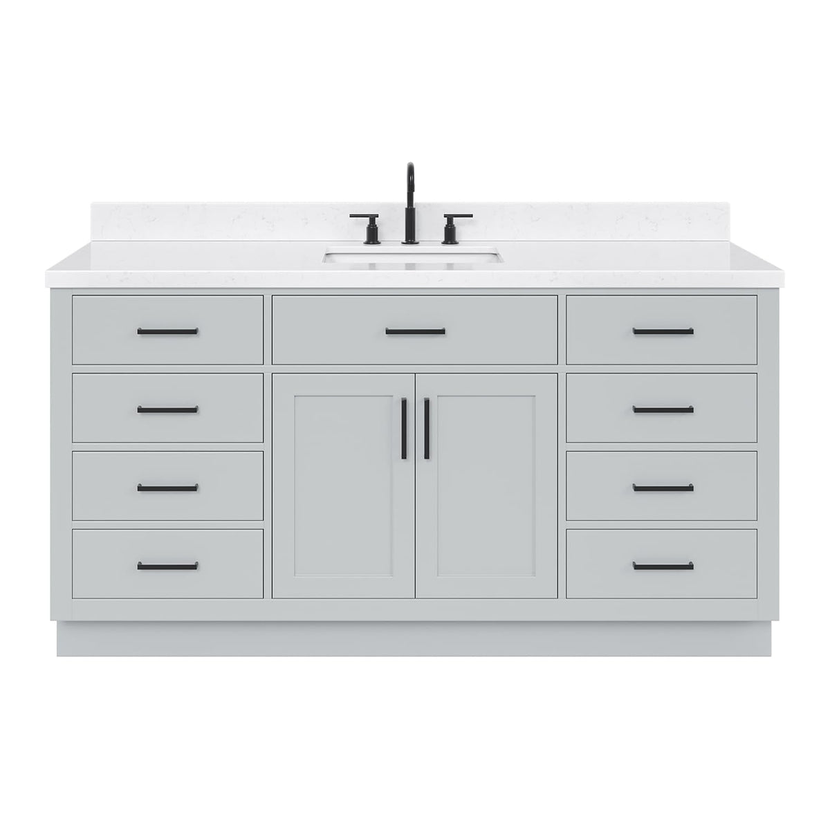 ARIEL Hepburn 66-inch Bathroom Vanity with Sink,Solid Wood, 1.5-inch Pure White Quartz Countertop & Backsplash, Single Rectangular Porcelain Sink, 2 Soft Closing Doors, 9 Dovetail Drawers, White
