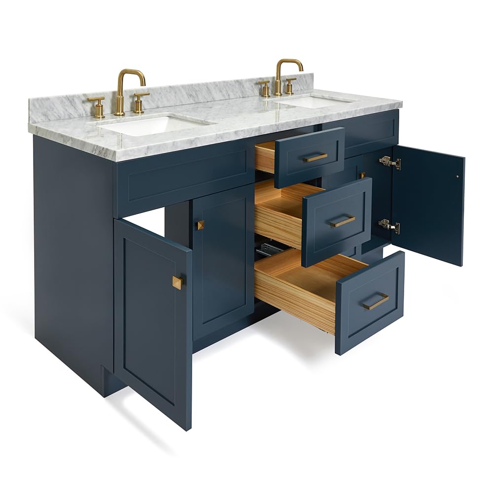 DKB Isabella 72" Oak Double Bathroom Vanity with Sink, 1.5" Carrara White Marble Countertop, Rectangle Undermount Sinks, 4 Soft Closing Doors, 6 Dovetail Drawers