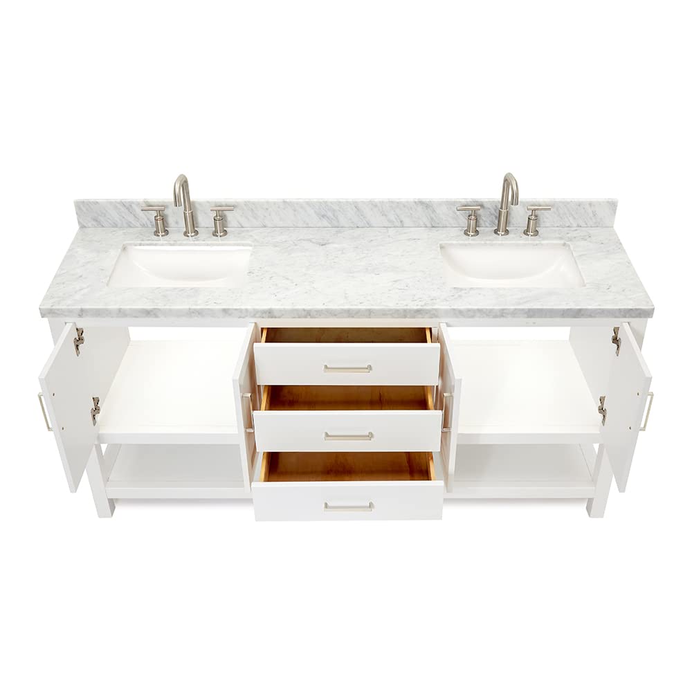 DKB Isabella 72" Oak Double Bathroom Vanity with Sink, 1.5" Carrara White Marble Countertop, Rectangle Undermount Sinks, 4 Soft Closing Doors, 6 Dovetail Drawers