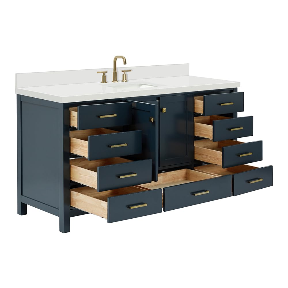 ARIEL Cambridge 66-inch Bathroom Vanity with Sink,Solid Wood, 1.5-inch Italian Carrara Marble Countertop, Single Rectangular Porcelain Sink, 2 Soft Closing Doors, 9 Dovetail Drawers, Midnight Blue