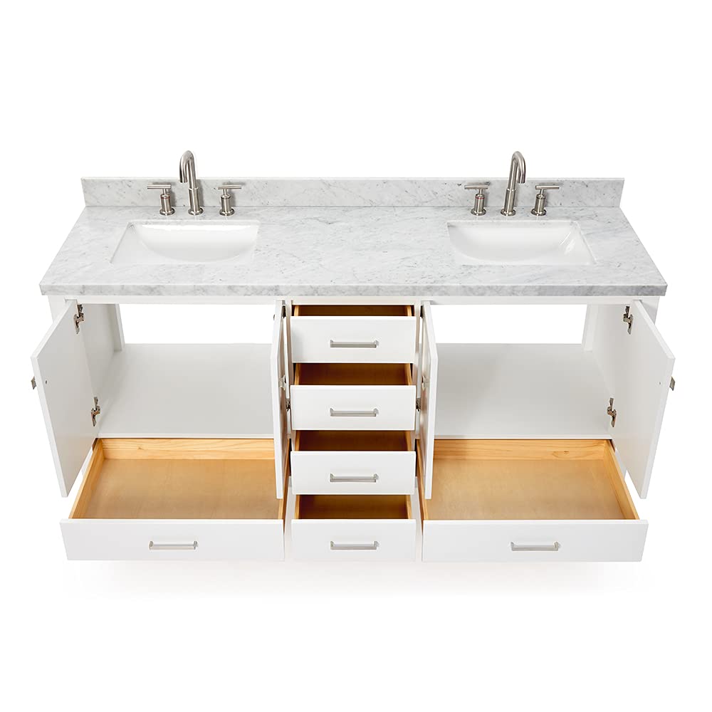 DKB Isabella 72" Oak Double Bathroom Vanity with Sink, 1.5" Carrara White Marble Countertop, Rectangle Undermount Sinks, 4 Soft Closing Doors, 6 Dovetail Drawers