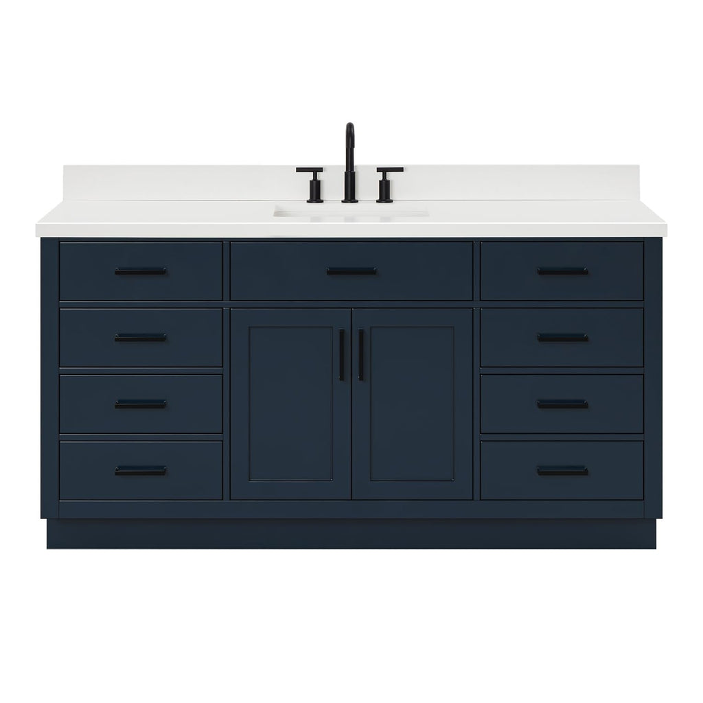 ARIEL Hepburn 66-inch Bathroom Vanity with Sink,Solid Wood, 1.5-inch Pure White Quartz Countertop & Backsplash, Single Rectangular Porcelain Sink, 2 Soft Closing Doors, 9 Dovetail Drawers, White