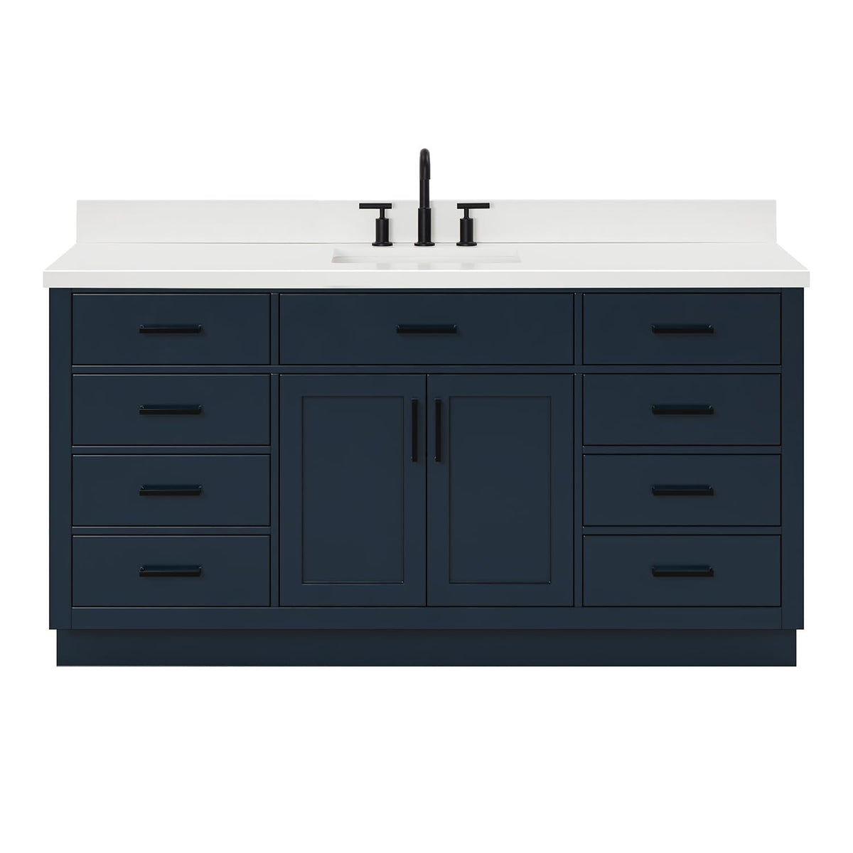 ARIEL Hepburn 66-inch Bathroom Vanity with Sink,Solid Wood, 1.5-inch Pure White Quartz Countertop & Backsplash, Single Rectangular Porcelain Sink, 2 Soft Closing Doors, 9 Dovetail Drawers, White