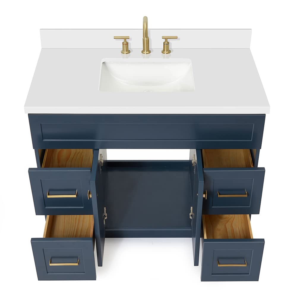 DKB Beckford 42-Inch White Bathroom Vanity with Sink, Solid Wood Base Cabinet, 1.5" White Quartz Countertop, Rectangular Sink, 2 Soft Closing Doors, 9 Drawers