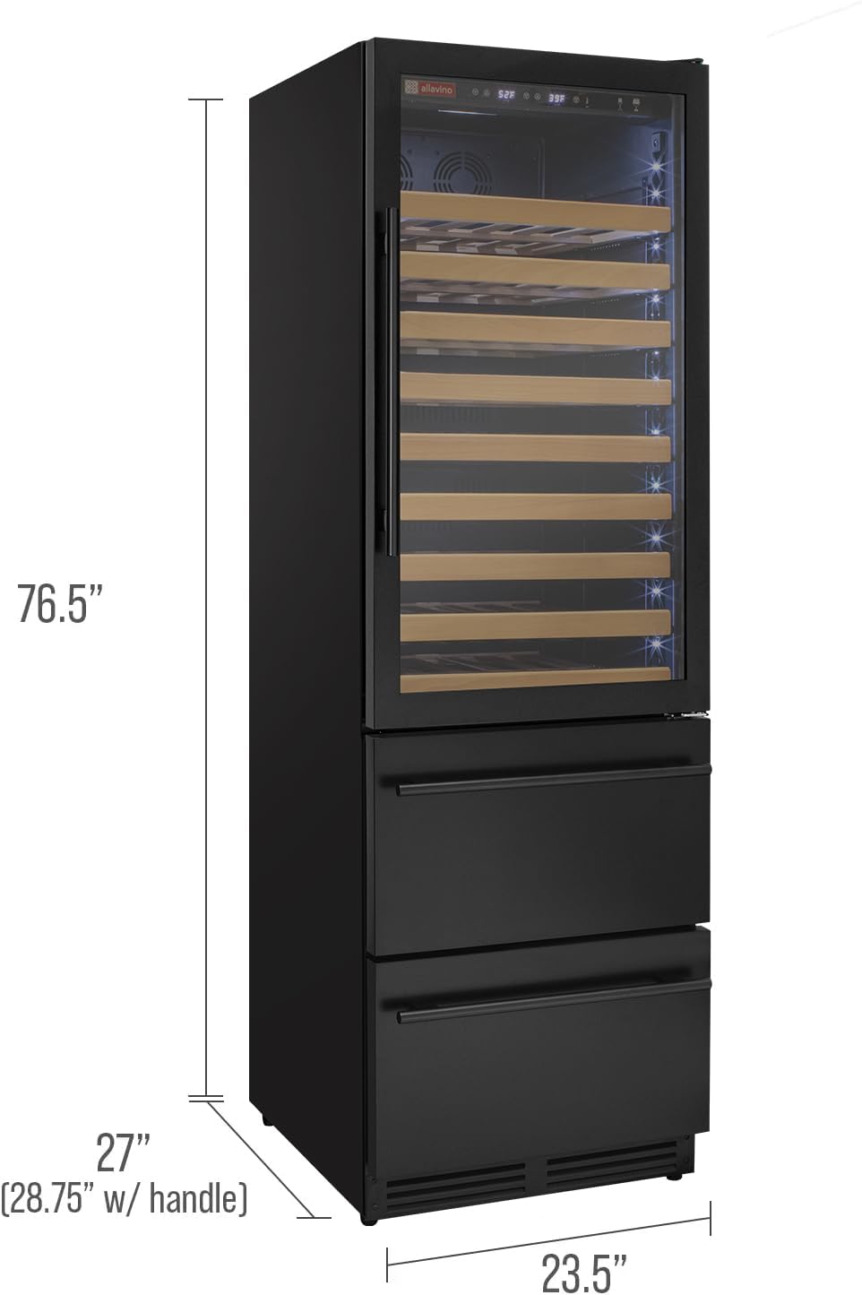 Allavino 76.5" Tall Black Wine Refrigerator with Two Refrigerated Drawers YHWR7724D-B