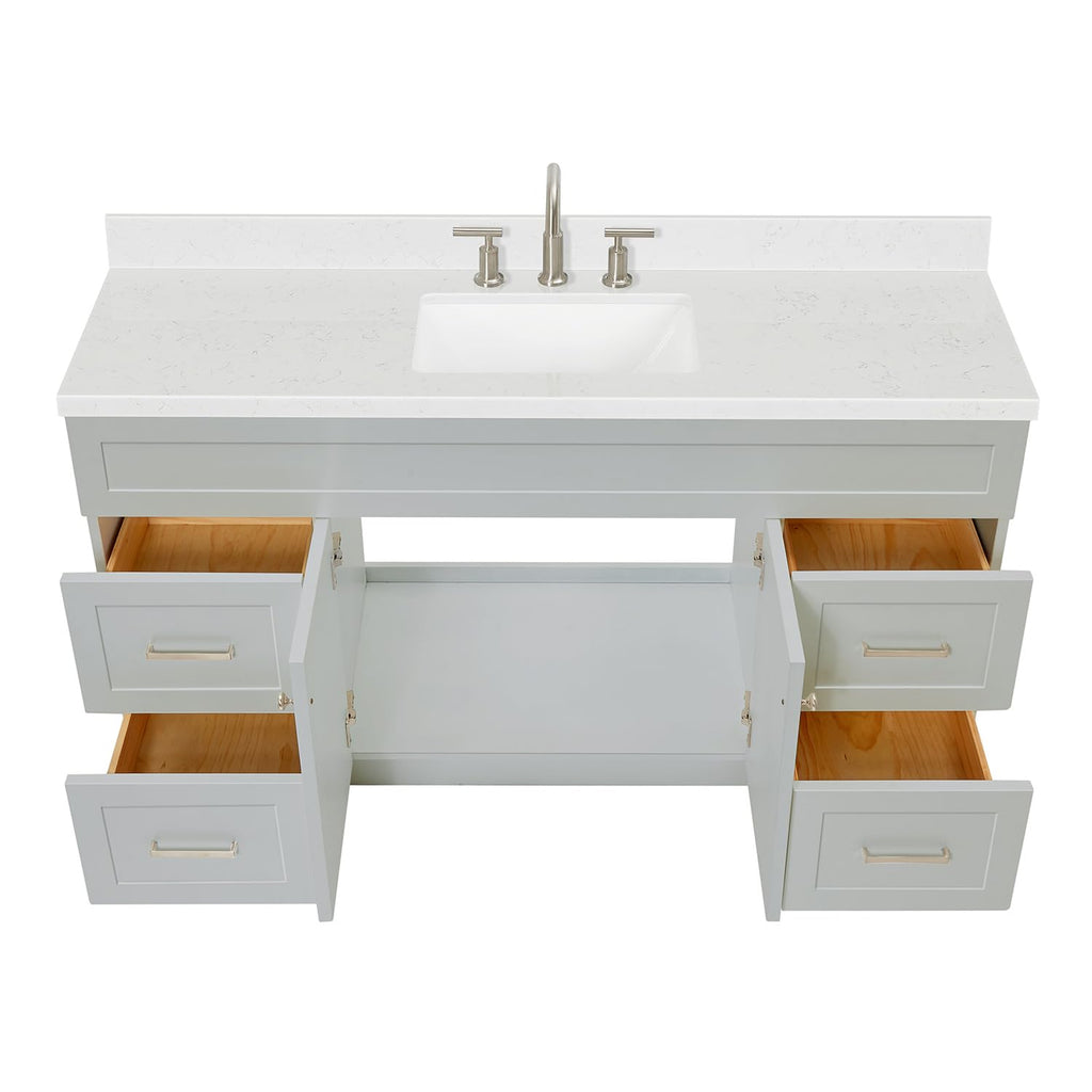 DKB Isabella 60 Inch Bathroom Vanity Single Sink â White Bathroom Vanity with Sink, 1.5" Edge Carrara White Quartz Countertop, Solid Wood, 2 Soft-Close Doors, 8 Dovetail Drawers + Tilt Drawer