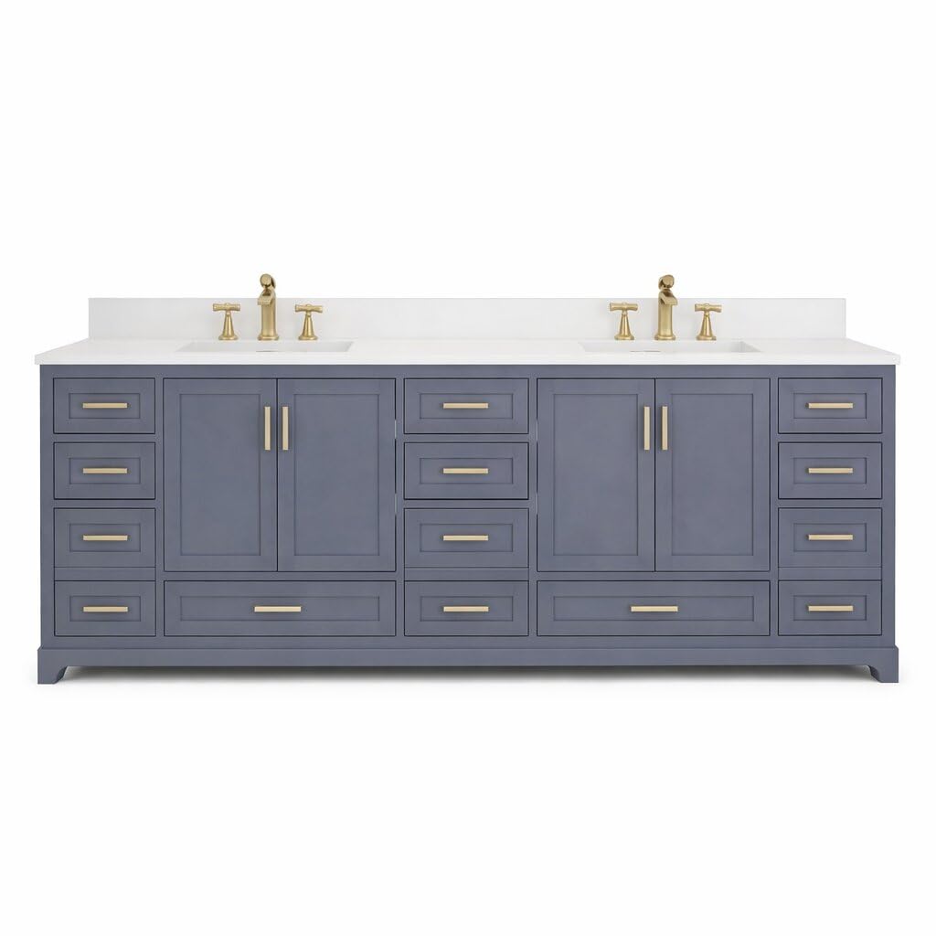 Ayna Decors Maya 72 Inch Double Vanity with Sink and Pre Drilled Faucet Holes Quartz Top in Charcoal Grey, Freestanding Bathroom Vanities with Soft Close Doors and Drawers - Brushed Gold Hardware